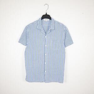 ALEX MILL Men's Seersucker Camp Shirt Blue striped Short Sleeve sz Large
